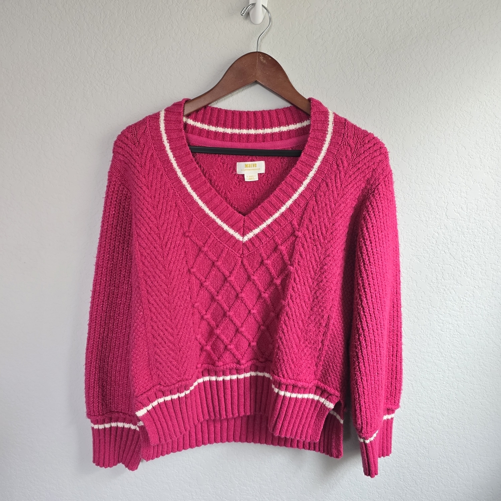 Maeve Anthropologie Womens V Neck Long Sleeve Cable Knit Sweater Pink Size XS